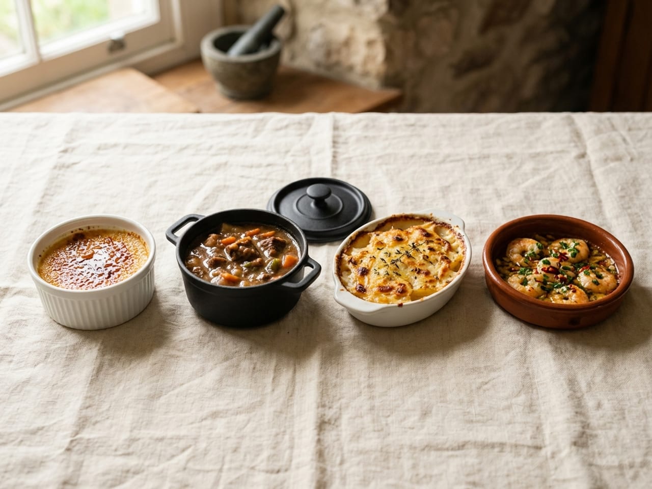 Four oven-to-table dishes side by side on cream linen: a fluted white porcelain ramekin of crème brûlée with a glassy caramel top, a small round cast-iron mini cocotte with its lid beside it full of stew, a shallow oval white gratin dish of golden potato gratin, and a rustic terracotta cazuela of garlic shrimp in olive oil with parsley