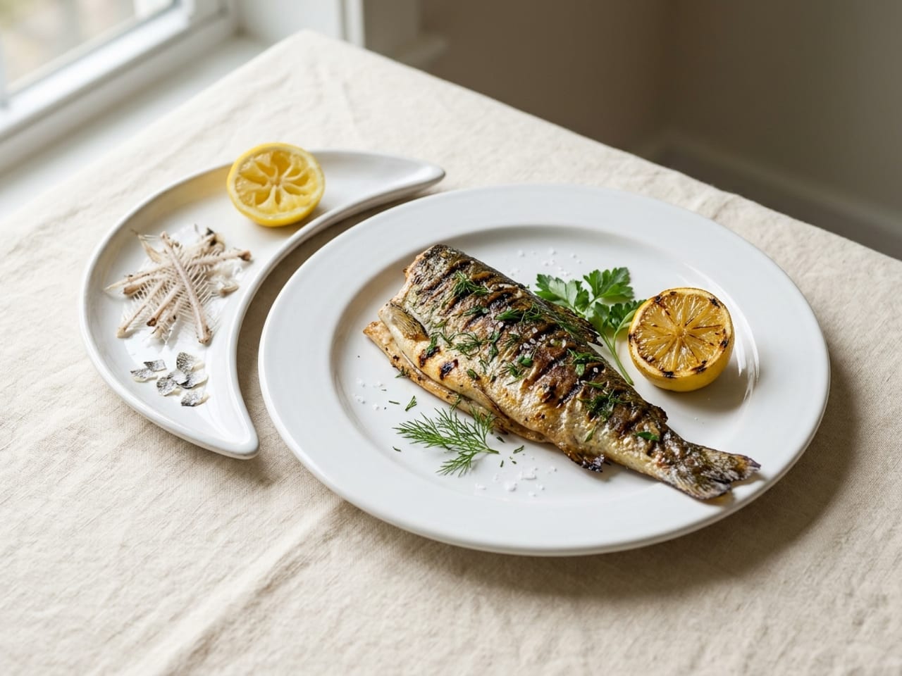 A crescent-shaped white bone dish holding fish bones and a squeezed lemon half, set on the linen and curved against the outside edge of a dinner plate with a grilled trout fillet and a charred lemon half