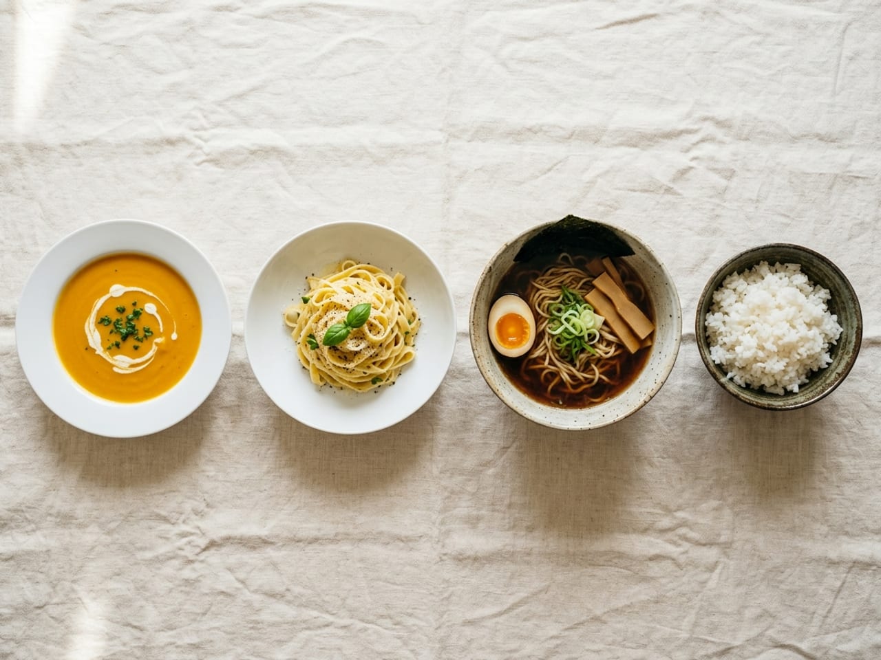 Four bowls in a row on cream linen: a wide white rimmed soup plate of orange pumpkin soup with a swirl of cream, a wide shallow white coupe pasta bowl with a nest of tagliatelle, a tall deep ramen bowl with broth, noodles, a halved soft egg and scallions, and a small Japanese rice bowl of plain white rice