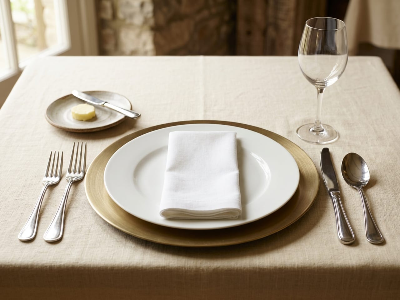 A formal place setting on cream linen: a brushed-gold charger plate with a plain white rimmed dinner plate on top and a folded white napkin on it, two forks to the left, a knife and spoon to the right, a small bread plate with a butter knife at the upper left and a wine glass at the upper right