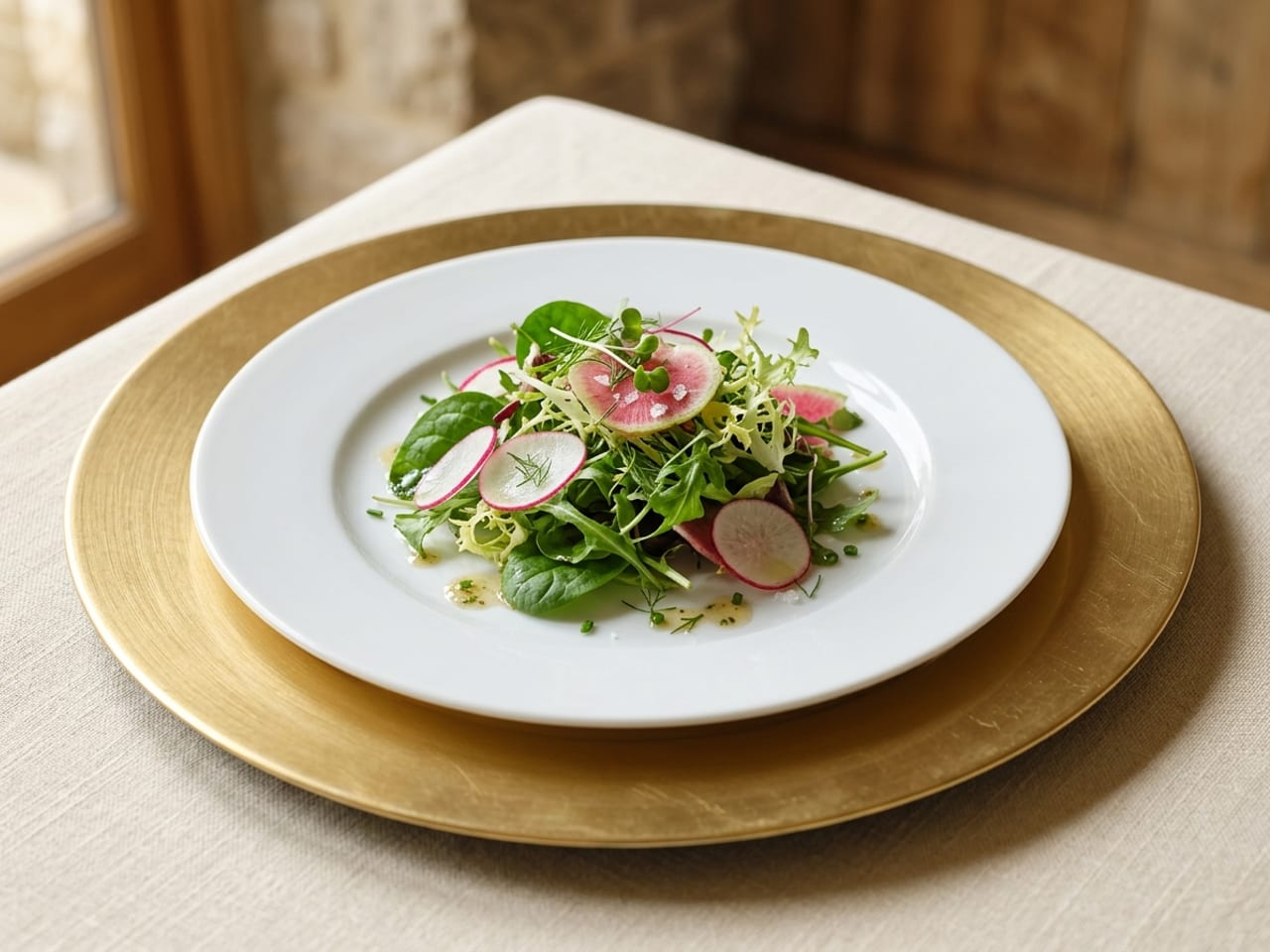 A brushed-gold charger plate with a plain white rimmed plate centred on it, a wide ring of gold showing all the way round, holding a small salad of dressed leaves, frisée and thin slices of pink radish