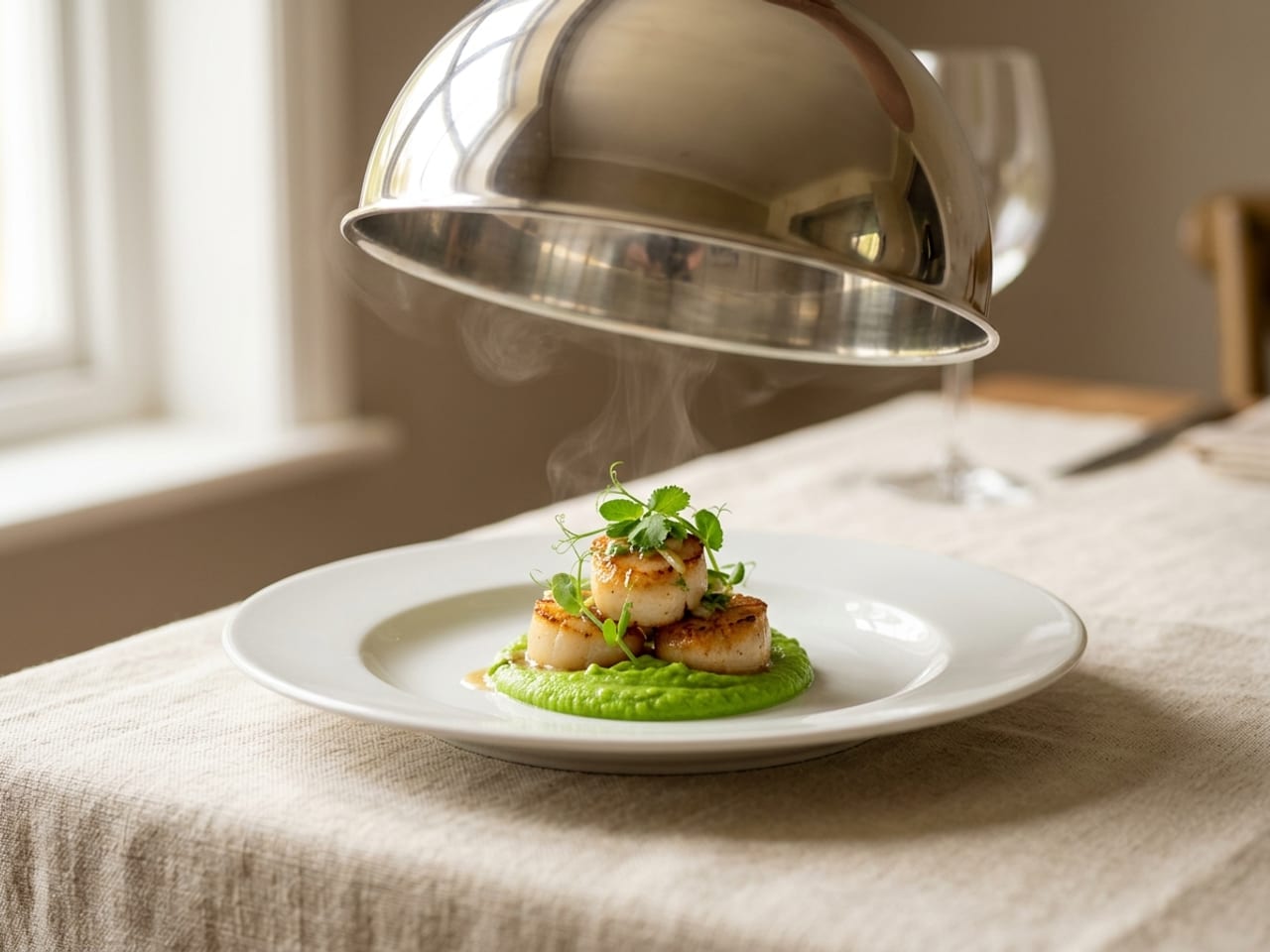 A polished silver dome cloche lifted a few inches above a wide white rimmed plate, revealing seared scallops on a bed of bright green pea purée with micro herbs and a wisp of steam rising