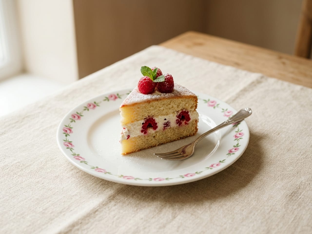 A slice of sponge cake layered with cream and raspberries, topped with raspberries and a mint leaf, on a white dessert plate with a painted border of small pink roses, a dessert fork resting beside it