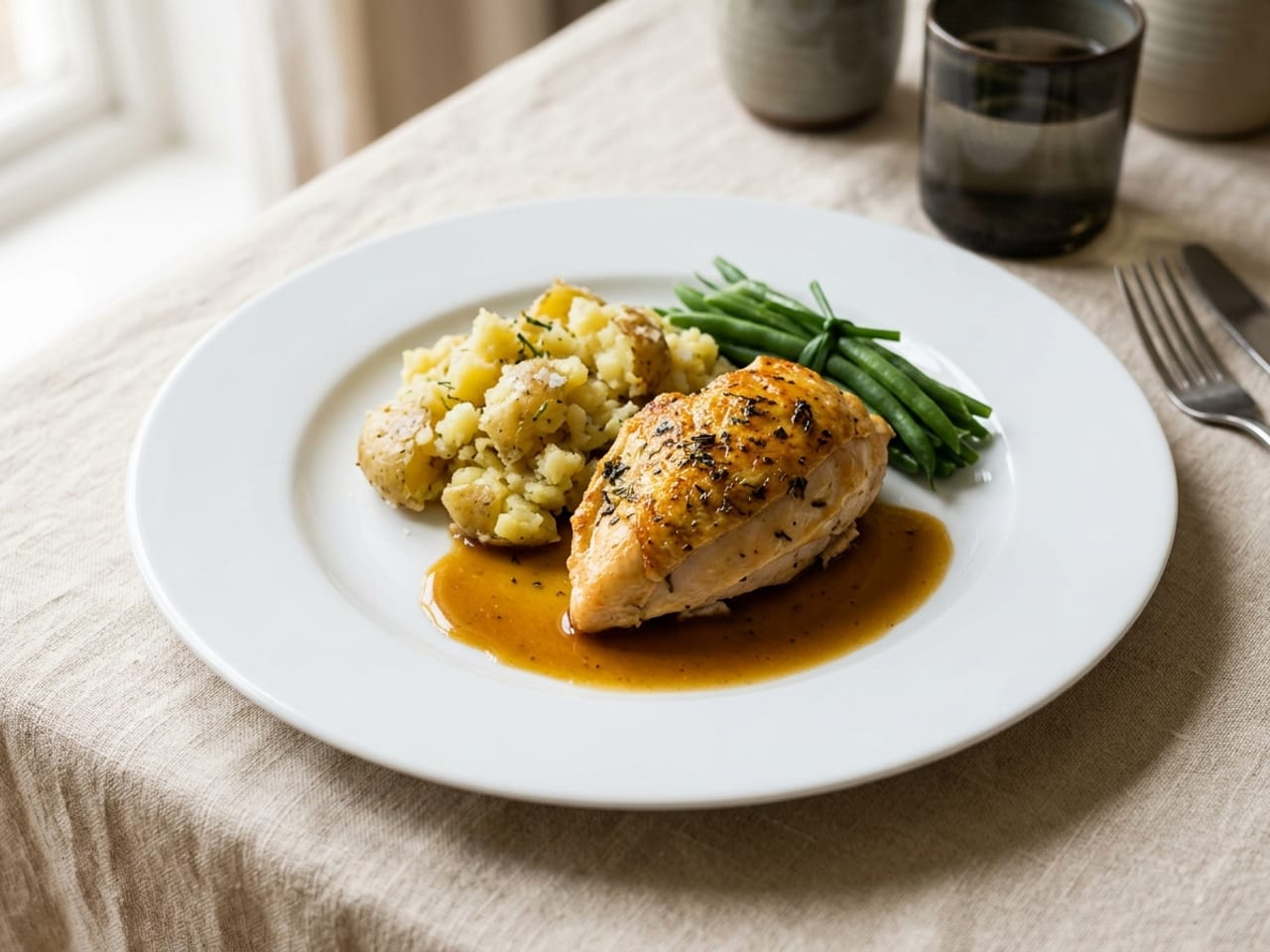 A roast chicken breast with crushed new potatoes, a bundle of green beans and a pool of pan jus on a plain white rimmed dinner plate, the rim left clean