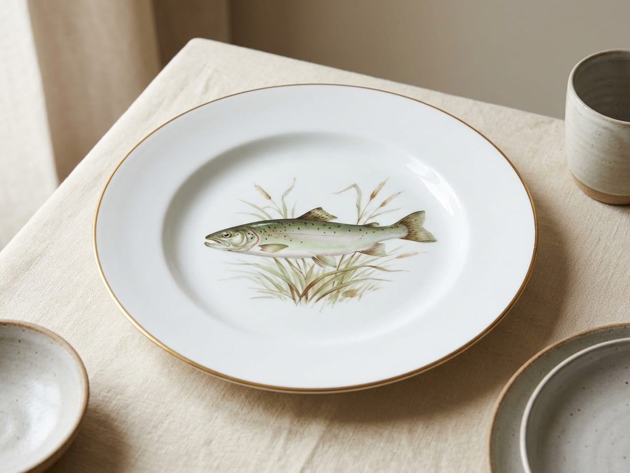 An empty white porcelain fish plate with a thin gold edge and a hand-painted trout among reeds in the centre of the well