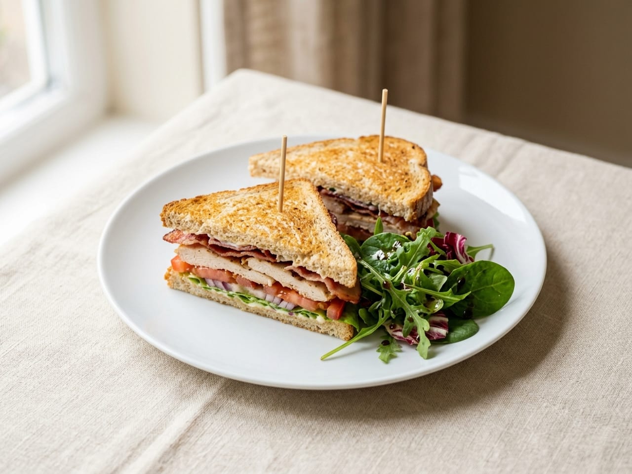 A toasted club sandwich cut into two triangles, each held with a cocktail stick, beside a small handful of dressed leaves on a plain white luncheon plate