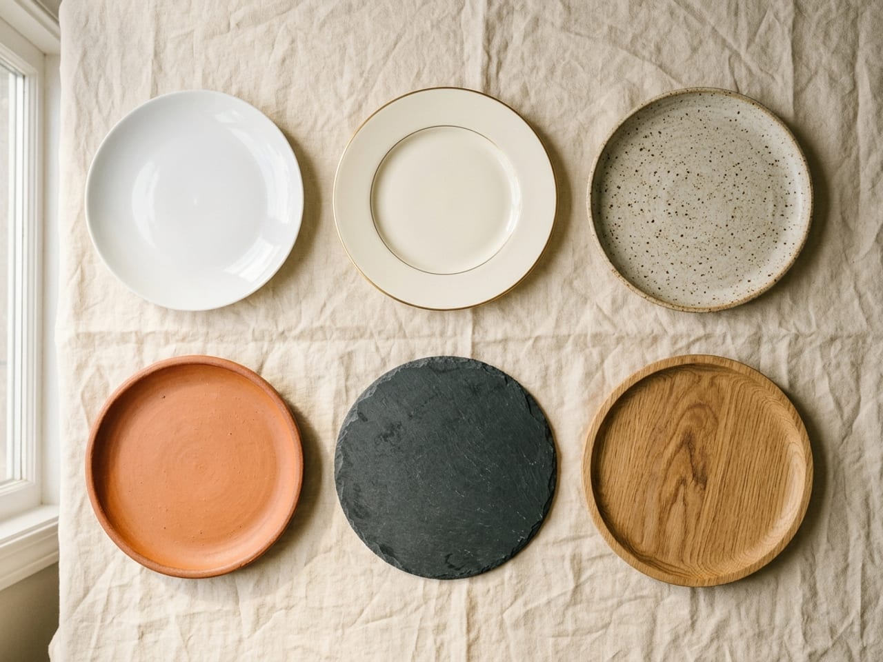 Six empty round plates in two rows of three on cream linen, one of each material: glossy bright white porcelain, warm ivory bone china with a thin gold rim line, speckled oatmeal stoneware, rustic terracotta earthenware, round dark grey natural slate, and a pale wooden board with visible grain