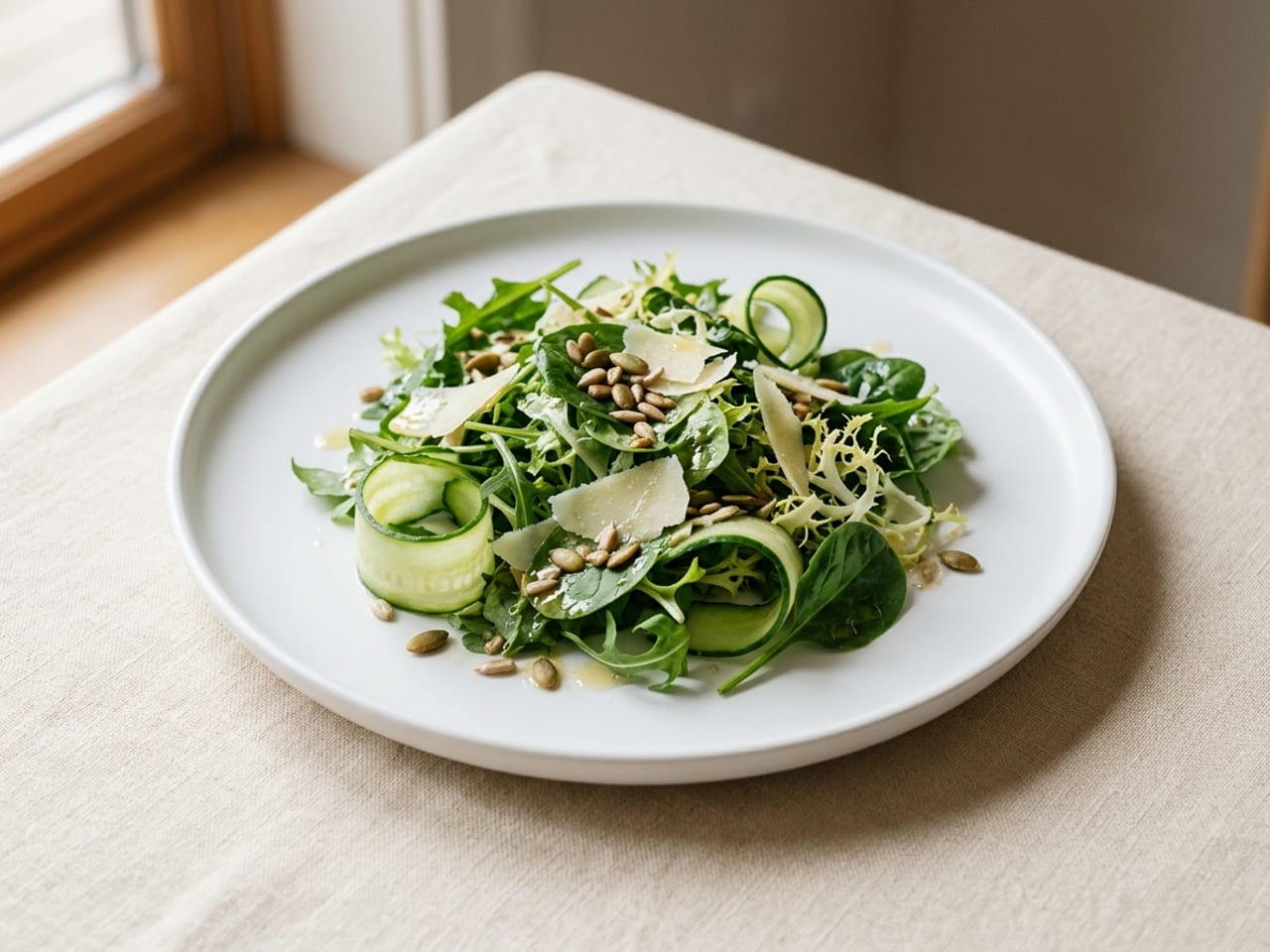 Dressed green leaves, cucumber ribbons, shaved Parmesan and toasted seeds on a plain white salad plate with a low raised edge