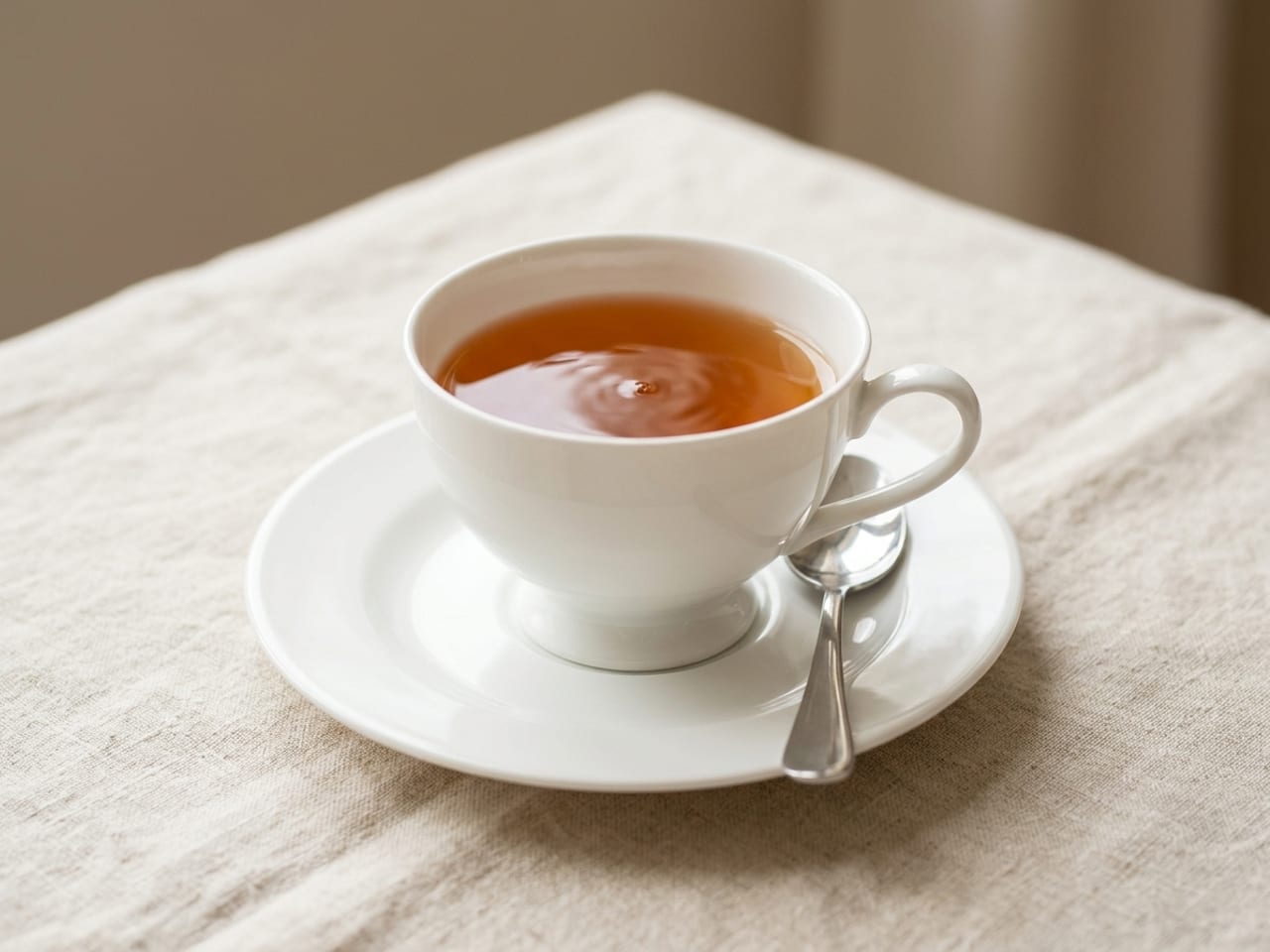 A white teacup of amber tea standing on its matching white saucer, the foot of the cup seated in the saucer's central well, a teaspoon on the saucer