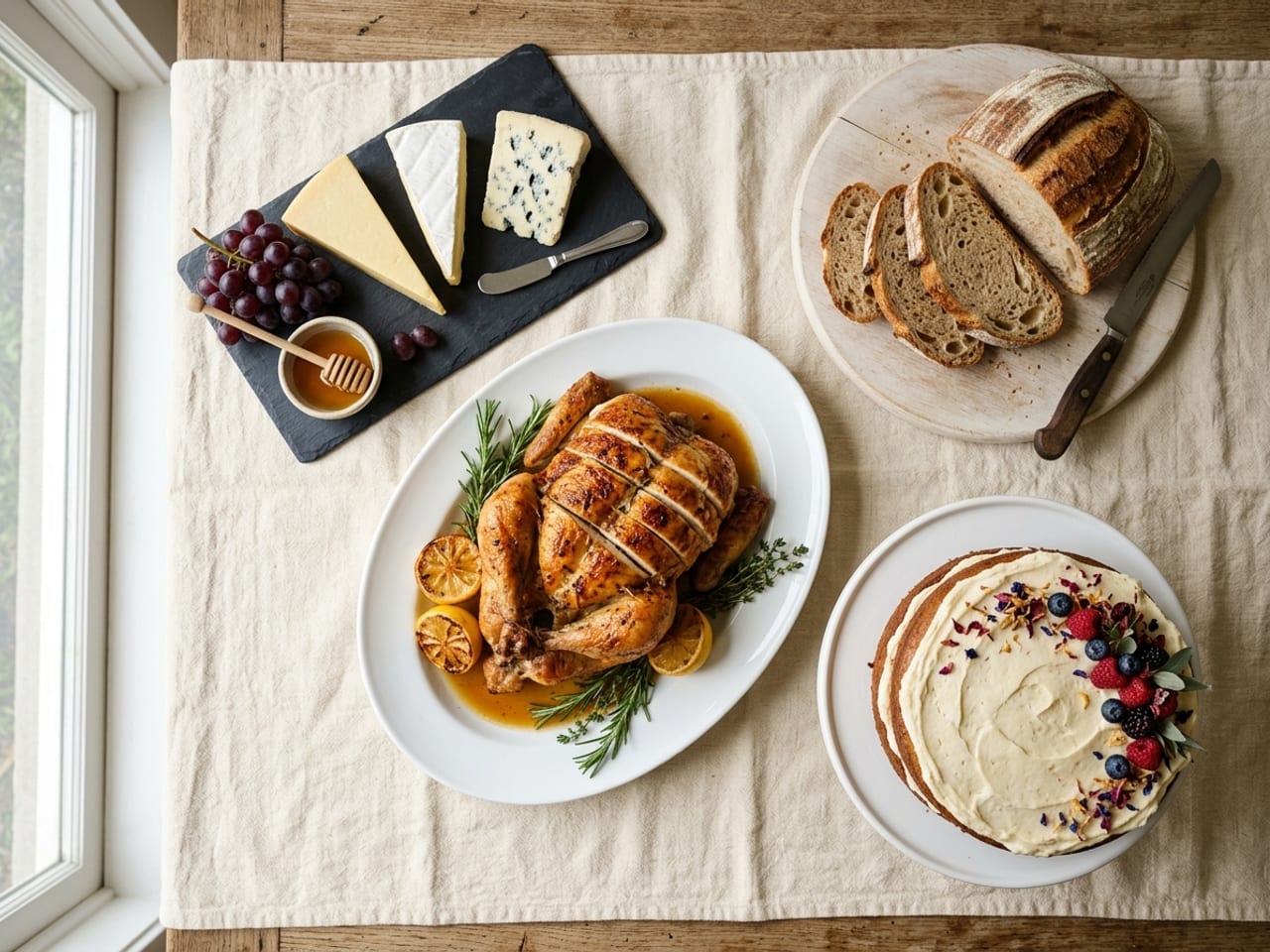Four serving pieces laid out on cream linen: a large oval white porcelain platter holding a whole roast chicken with herbs and charred lemon halves, a rectangular dark slate board with wedges of cheese, grapes and a pot of honey, a round pale wooden board with a part-sliced sourdough loaf and a bread knife, and a white ceramic cake stand holding a frosted layer cake topped with berries