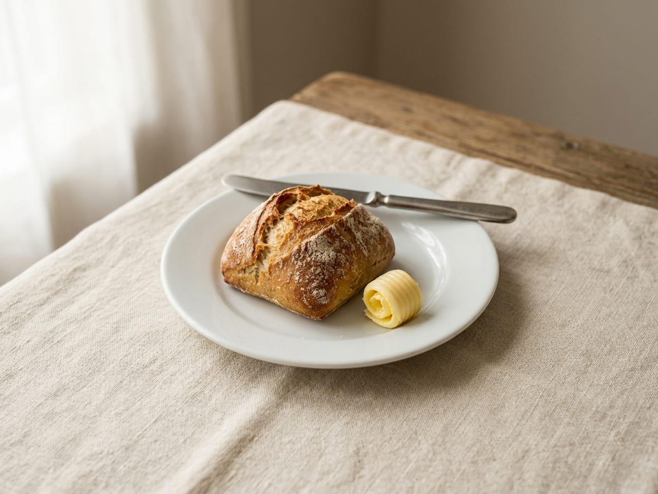 A crusty bread roll and a curl of butter on a small white side plate, a butter knife laid across its top edge