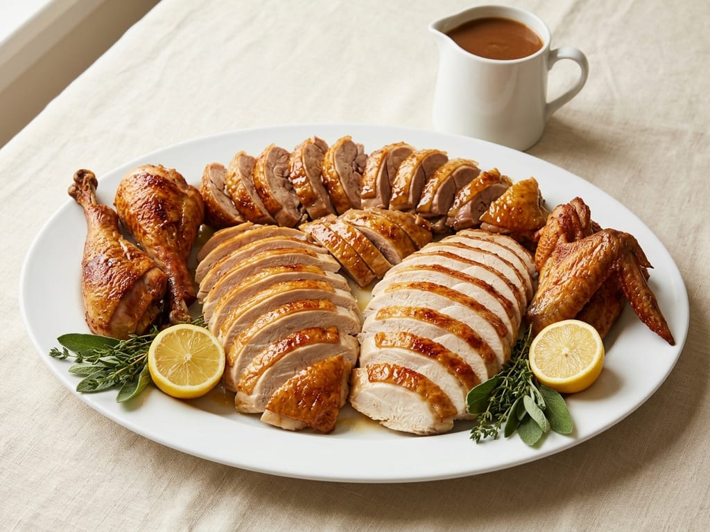 A large white oval platter of carved roast turkey: two rows of overlapping breast slices with golden skin down the middle, sliced thigh meat behind them, whole drumsticks at one end and the wings at the other, lemon halves and small bunches of sage and thyme at the front, and a white jug of gravy behind the platter