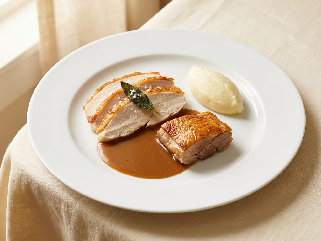 One plated portion of roast turkey on a wide white plate: three overlapping slices of breast with golden skin laid across a pool of brown gravy, a square piece of boneless thigh with crisp skin beside them, a smooth oval scoop of mashed potato and one fried sage leaf on the breast