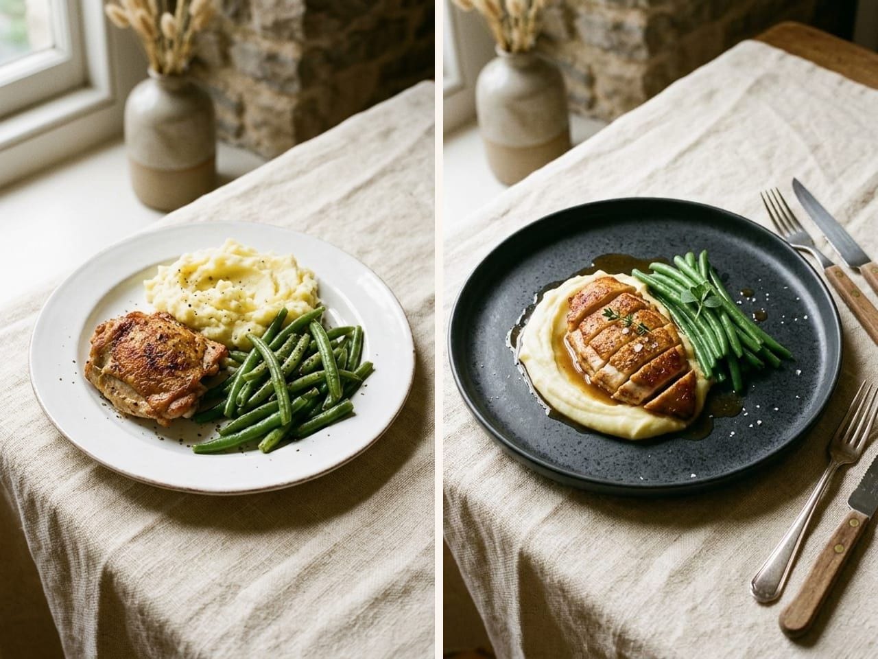 Two plates of the same chicken dinner side by side: on the left a seared chicken thigh, mashed potato and green beans heaped on a white plate; on the right the same food re-plated on a dark speckled plate, the chicken sliced over a smooth purée with a bundle of green beans and jus