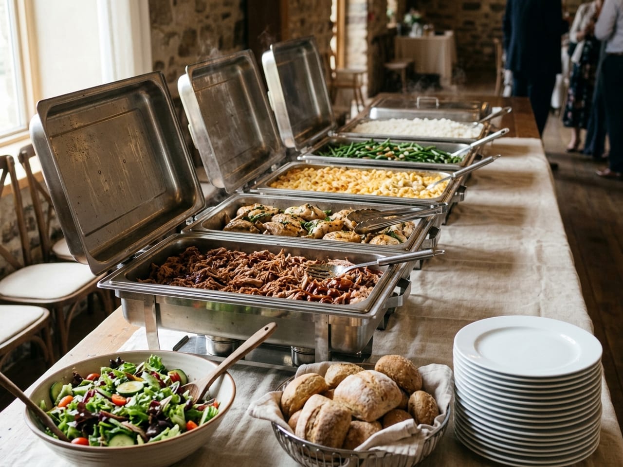 A catering buffet line of stainless steel chafing dishes on a long linen-covered table, holding pulled pork, roast chicken pieces, macaroni and cheese, green beans and rice, with a bowl of green salad, a basket of rolls and a stack of white plates at the near end