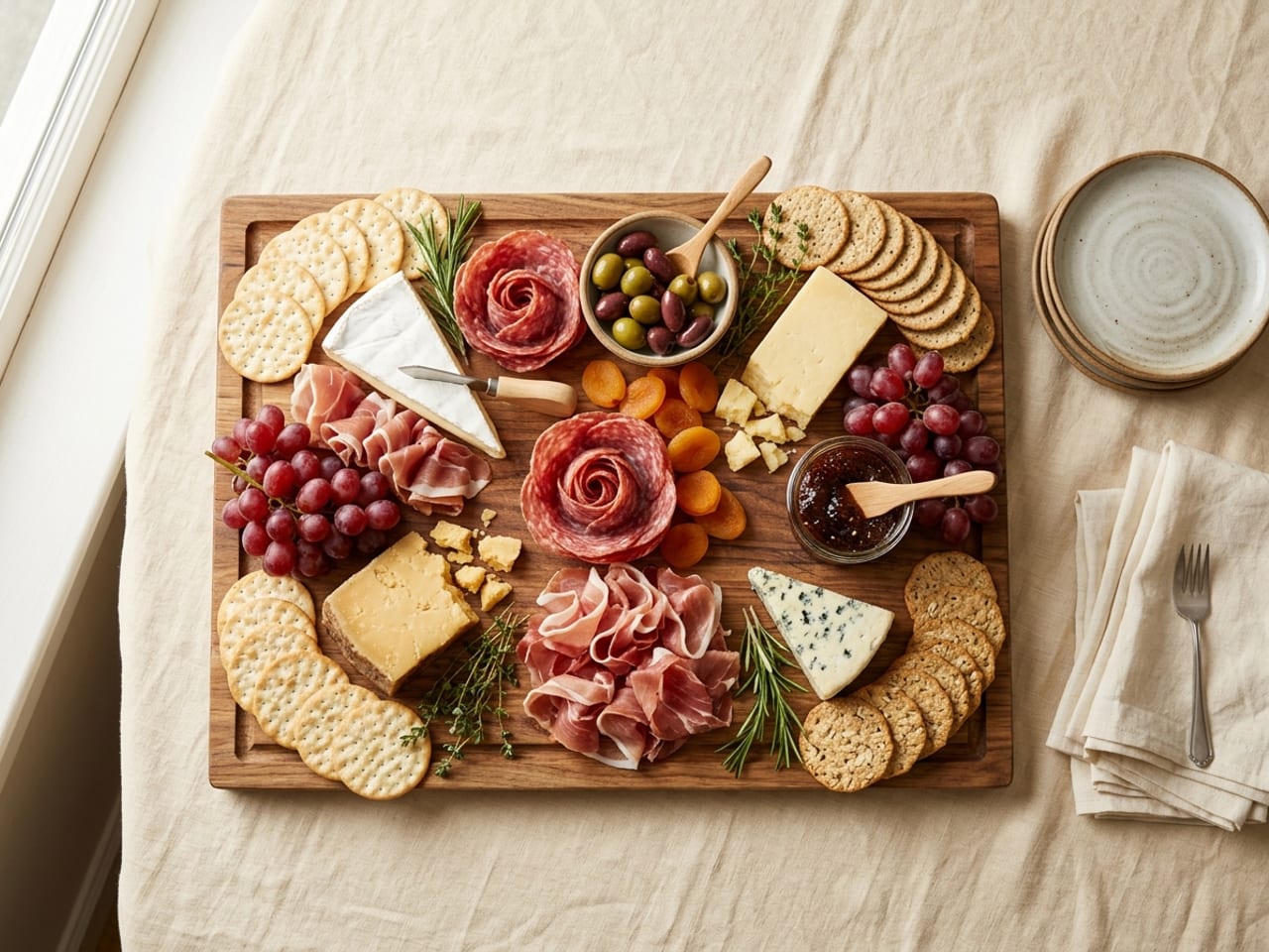A wooden charcuterie board seen from above with folded salami and prosciutto, brie, cheddar, blue cheese, grapes, dried apricots, olives, fig jam and crackers, side plates and napkins beside it
