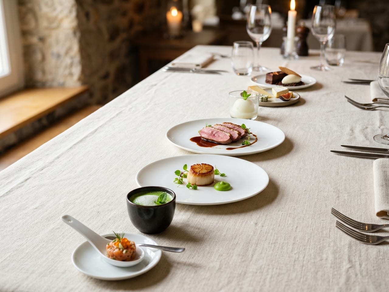 A tasting menu laid out course by course along a long table: an amuse-bouche on a spoon, a cup of pea soup, a seared scallop, sliced duck breast, a sorbet, a cheese plate and a chocolate dessert