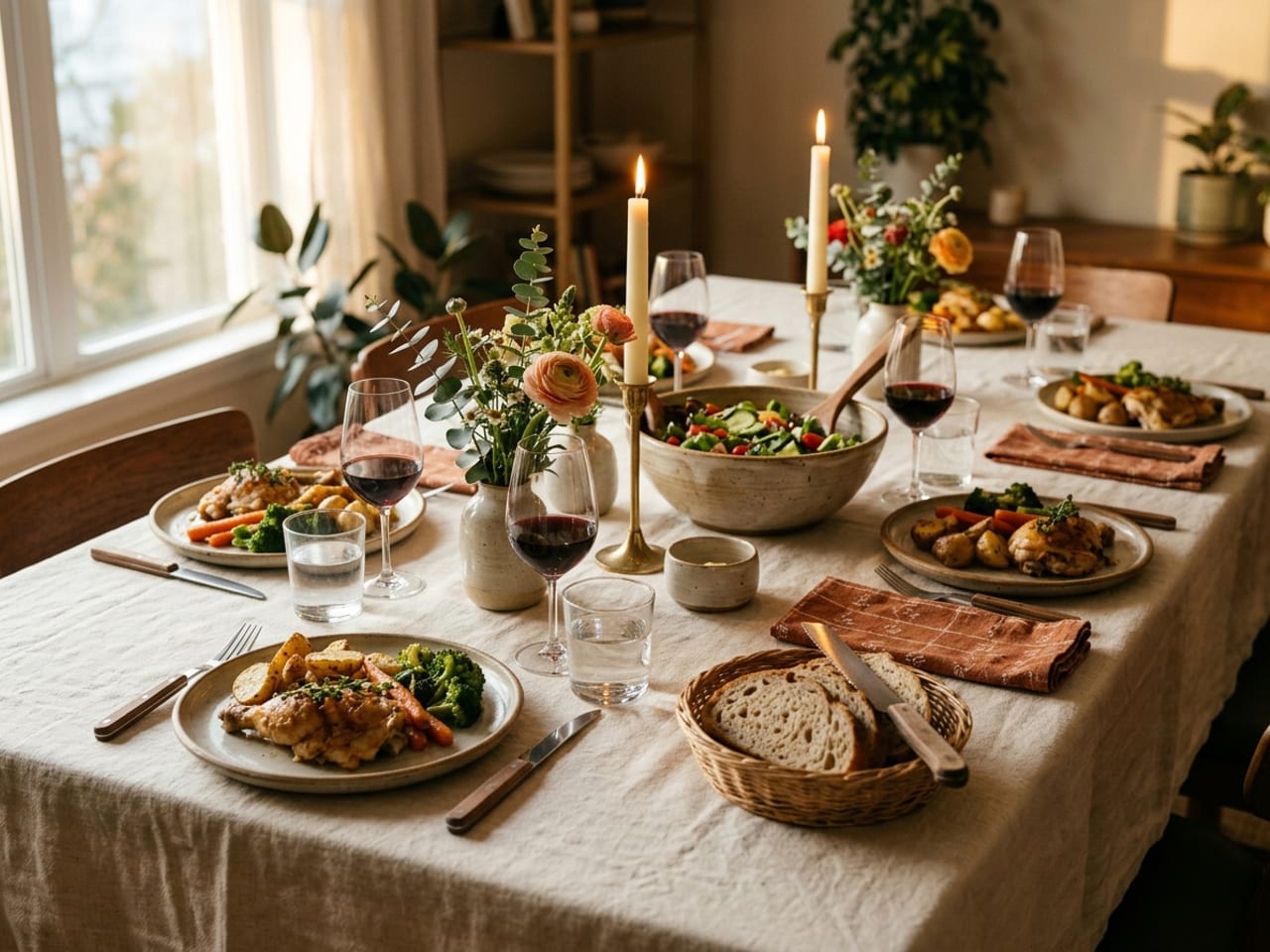 A dinner party table set for six with plates of roast chicken, red wine, a shared salad and bread, lit candles and flowers