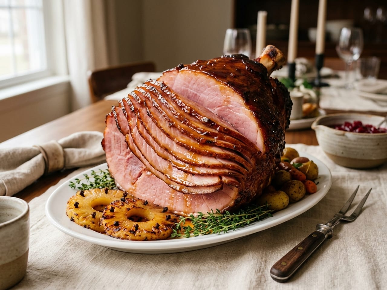 A glazed spiral-sliced bone-in ham on a white oval platter, its glossy amber glaze caught in the slices, with roasted pineapple rings, small roast potatoes and sprigs of thyme around it