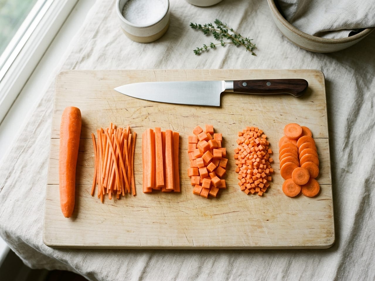 A carrot cut five ways on a wooden board, from left to right julienne, batonnet, medium dice, small dice and rounds, beside a whole carrot and a chef's knife