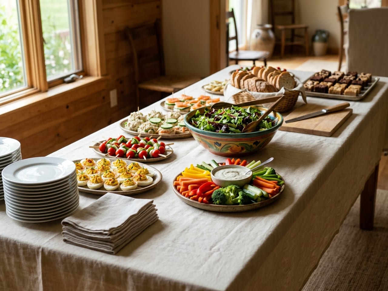 A party buffet table laid with deviled eggs, caprese skewers, finger sandwiches, a crudité platter with dip, green salad, sliced bread and brownies, a stack of plates and napkins at the near end
