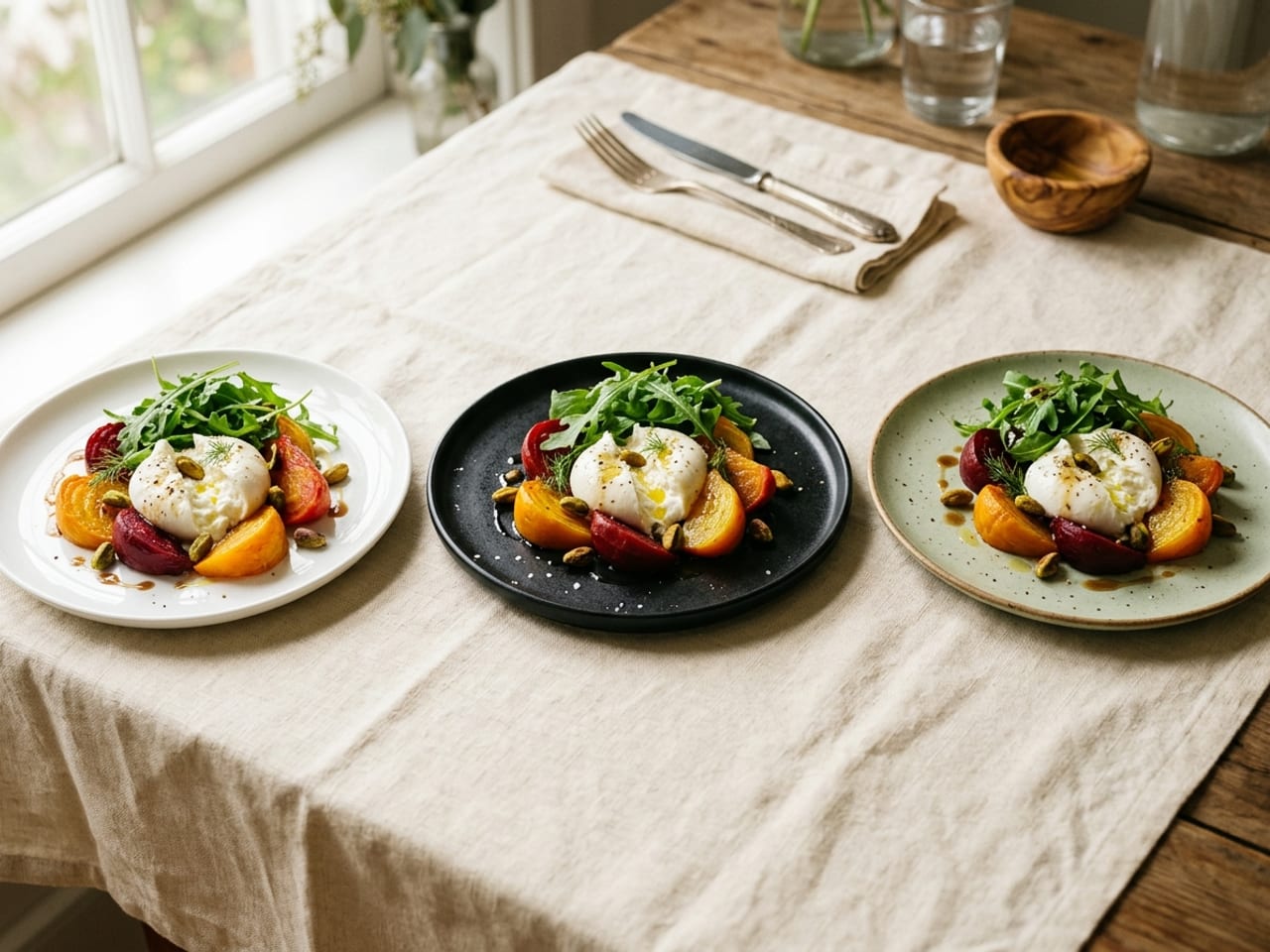 The same beet and burrata salad served three times, on a white plate, a black plate and a sage-green speckled plate