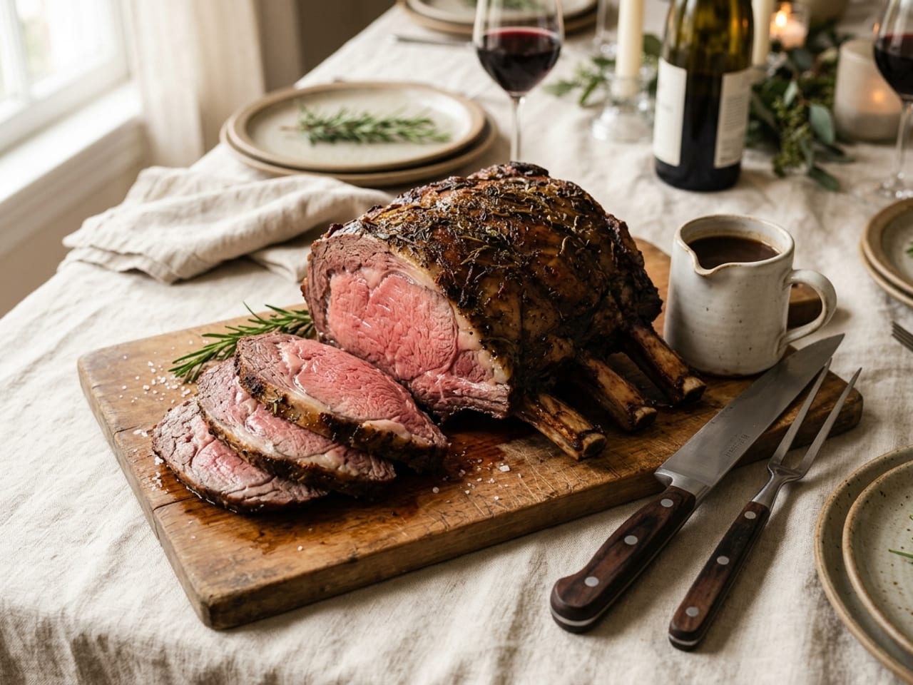 A standing rib roast of prime rib on a wooden carving board, the bones on one side and three thick pink slices cut from the end, a carving knife and a small jug of jus beside it