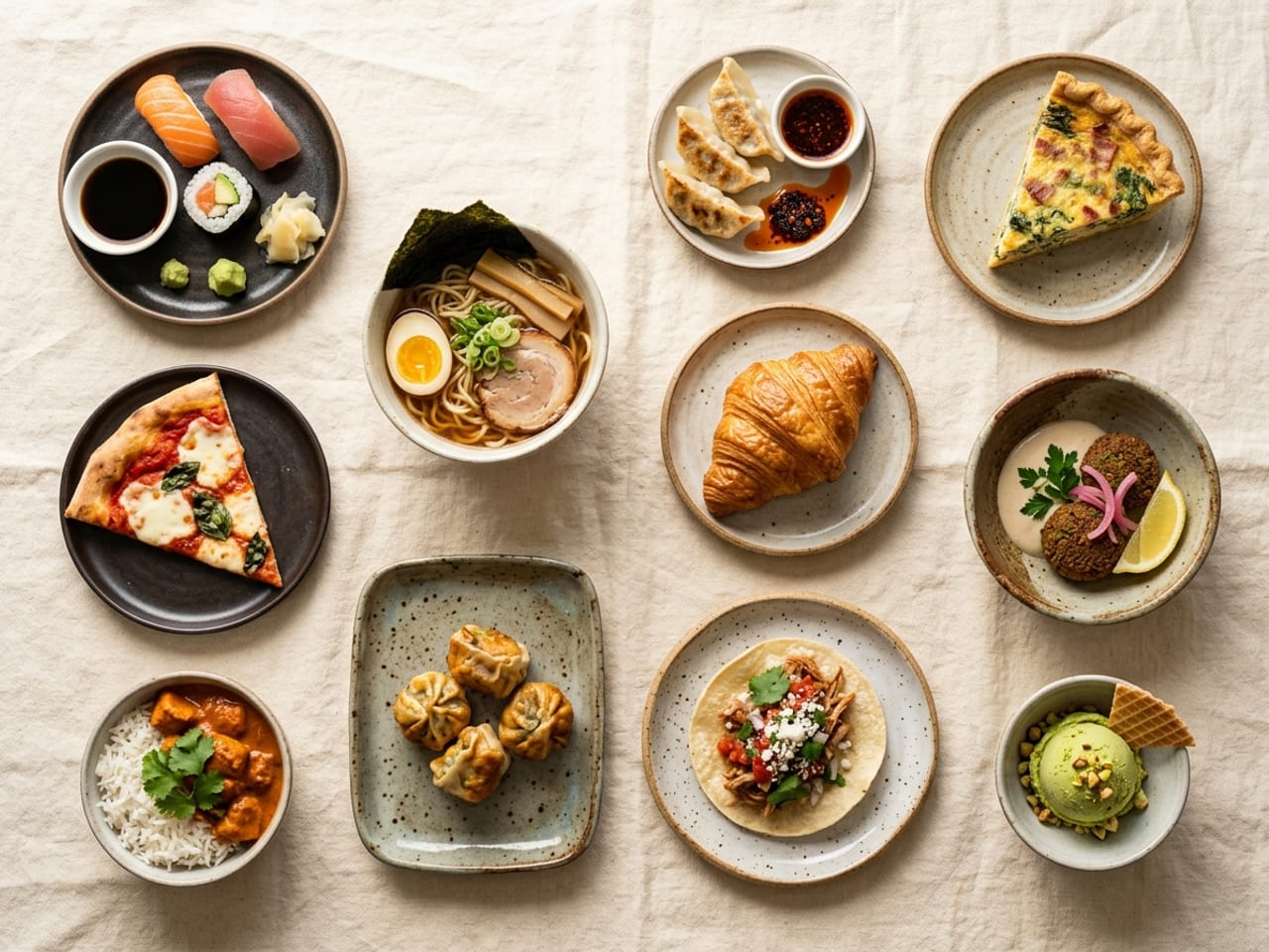 Small dishes from many cuisines seen from above: sushi, ramen, dumplings, pizza, quiche, a croissant, falafel, curry with rice, a taco and pistachio ice cream