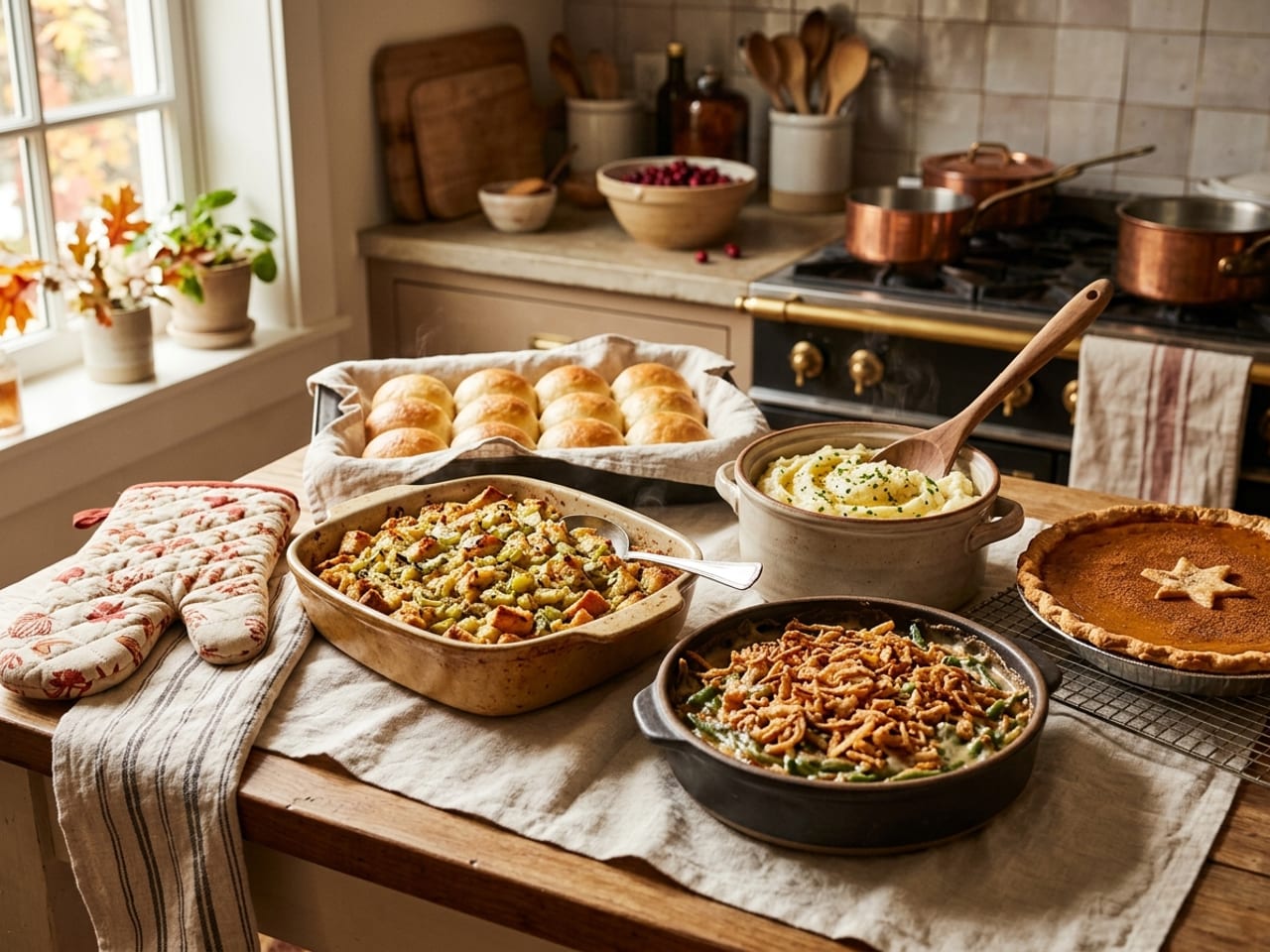 Thanksgiving dishes on a kitchen counter: bread stuffing, green bean casserole, mashed potatoes, dinner rolls and a pumpkin pie cooling on a rack, with oven mitts