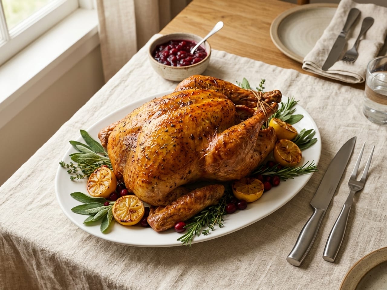 A whole golden roast turkey on a white oval platter with sage, rosemary and roasted lemons, a carving knife and fork beside it and cranberry sauce behind