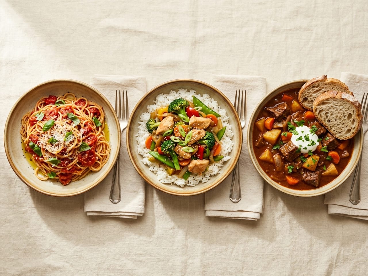 Three weeknight dinners in bowls seen from above: tomato and basil spaghetti, a chicken and vegetable stir-fry over rice, and beef goulash with rustic bread